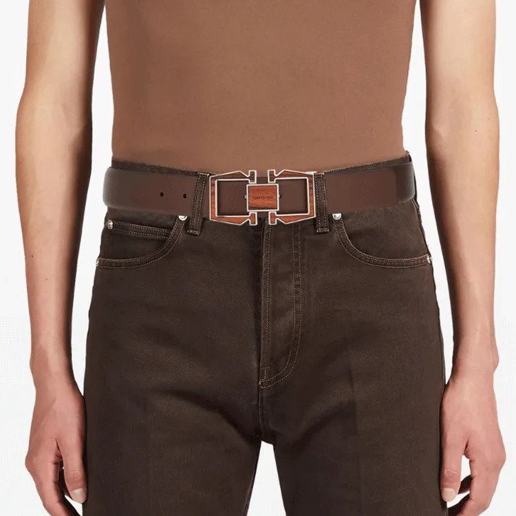 FERRAGAMO Badge Decoration, Smooth Buckle Calfskin Leather Belts Men's Brown Width 3.2CM-2