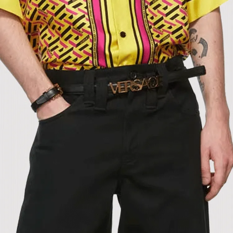 VERSACE Emblem Letter Logo Smooth Buckle Calfskin Leather Belts Men's Black-2