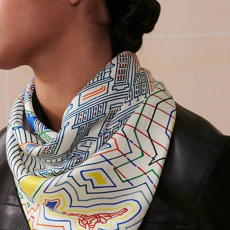 HERMES Silk Scarves Women's Blue Red/Green-2