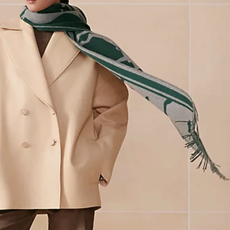HERMES Cashmere Knit Scarves Women's Beech Green/Light Mixed Gray-1