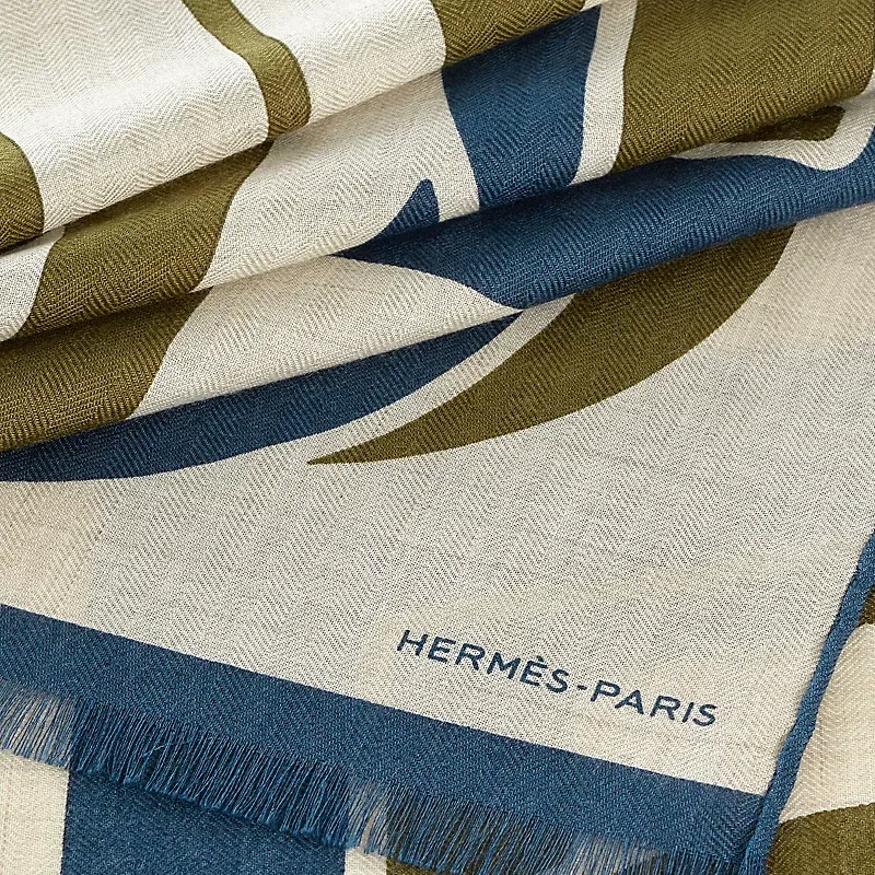 HERMES Knit Scarves Men's Natural/Matcha/Ocean-1