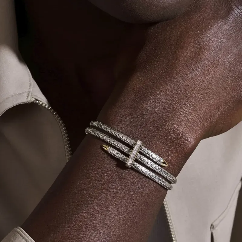 John Hardy 14K Yellow Gold And Sterling Silver Spear Double Flex Diamond Cuff-3