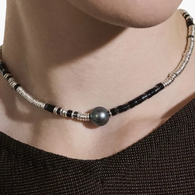 John Hardy Sterling silver Heishi Onyx And Pearl Necklace-3