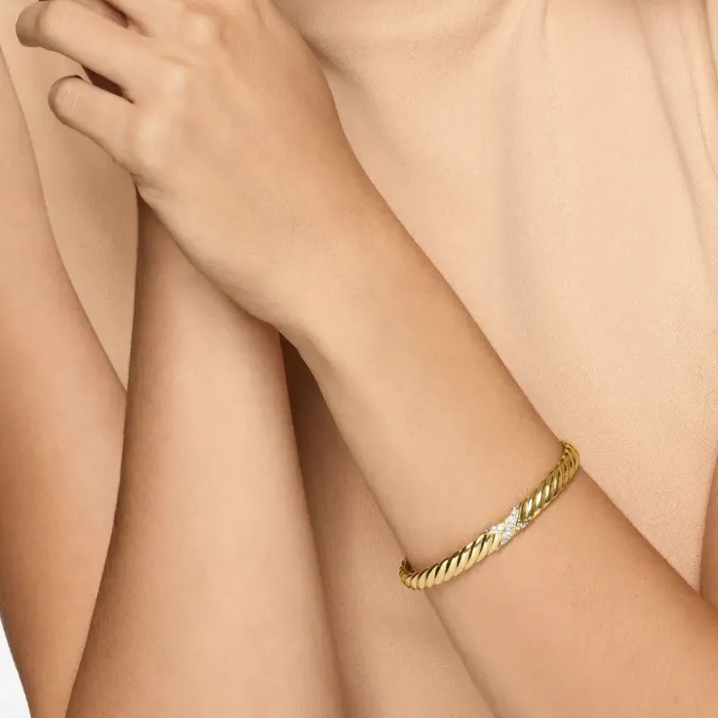 David Yurman 18K Yellow Gold Sculpted Cable X Center Station Diamond Bracelet-3