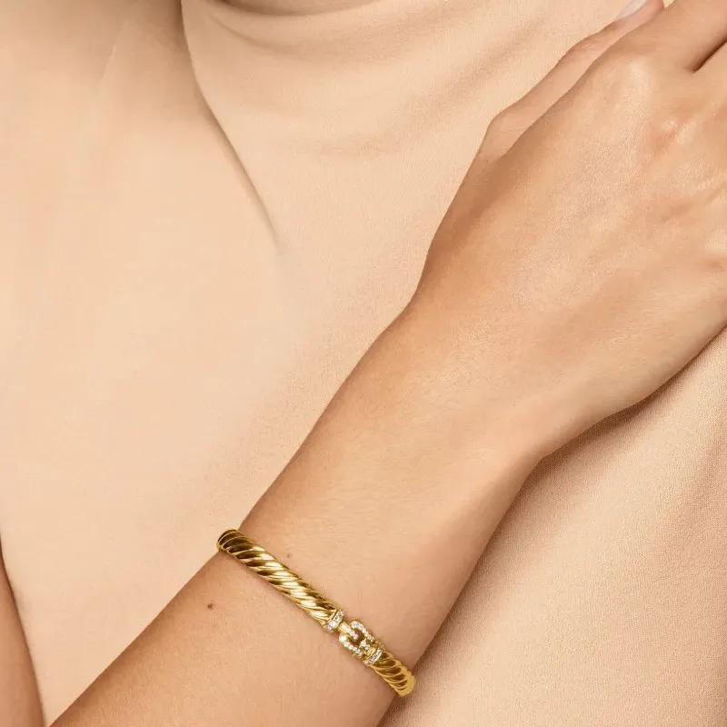 David Yurman 18K Yellow Gold Sculpted Cable Buckle Diamond Bracelet-3