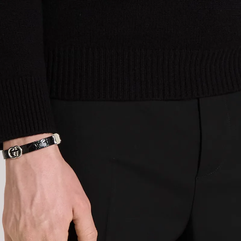 GUCCI Crocodile Leather Wristbands Men's Black-4