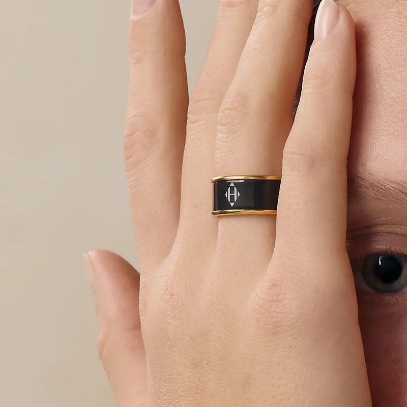 HERMES Enamel Rings Women's Gold/Black-2