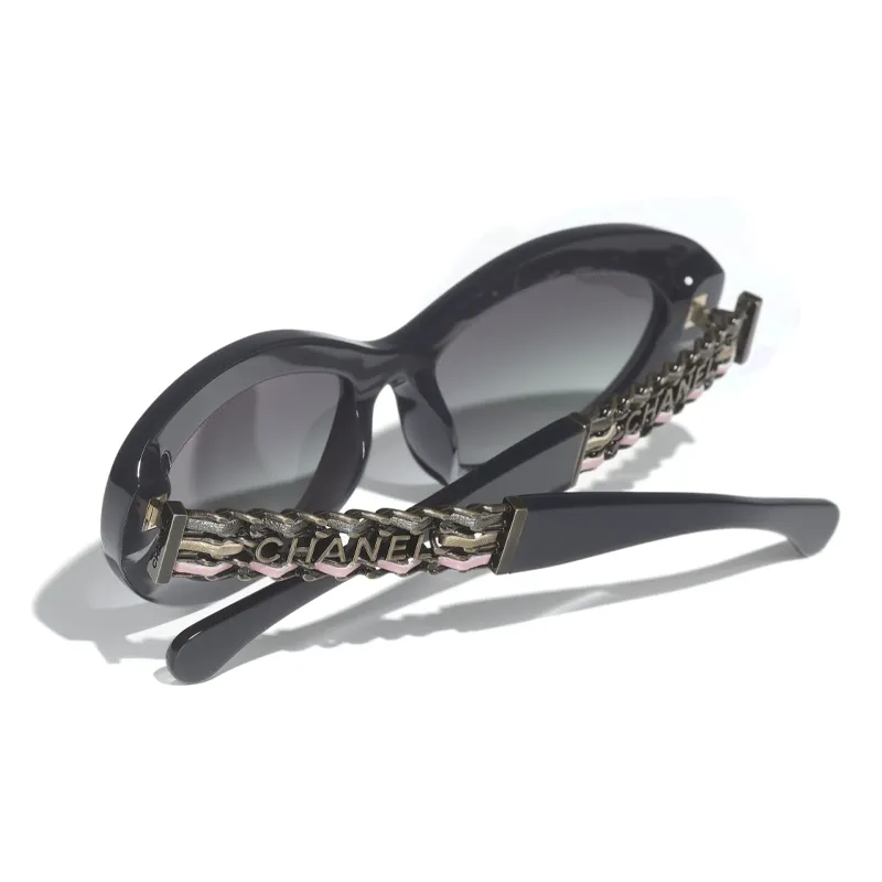 CHANEL Acetate Metal Calfskin Irregular Shape Sunglasses Unisex Dark Gray-2