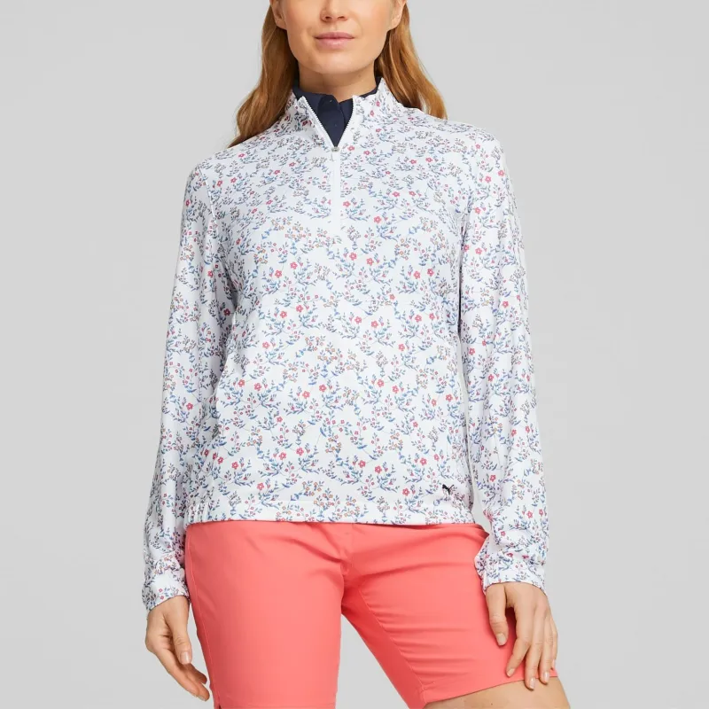 PUMA Floral Cloudspun Quarter-Zip Golf Pullover Women's T-Shirt Women's White-2