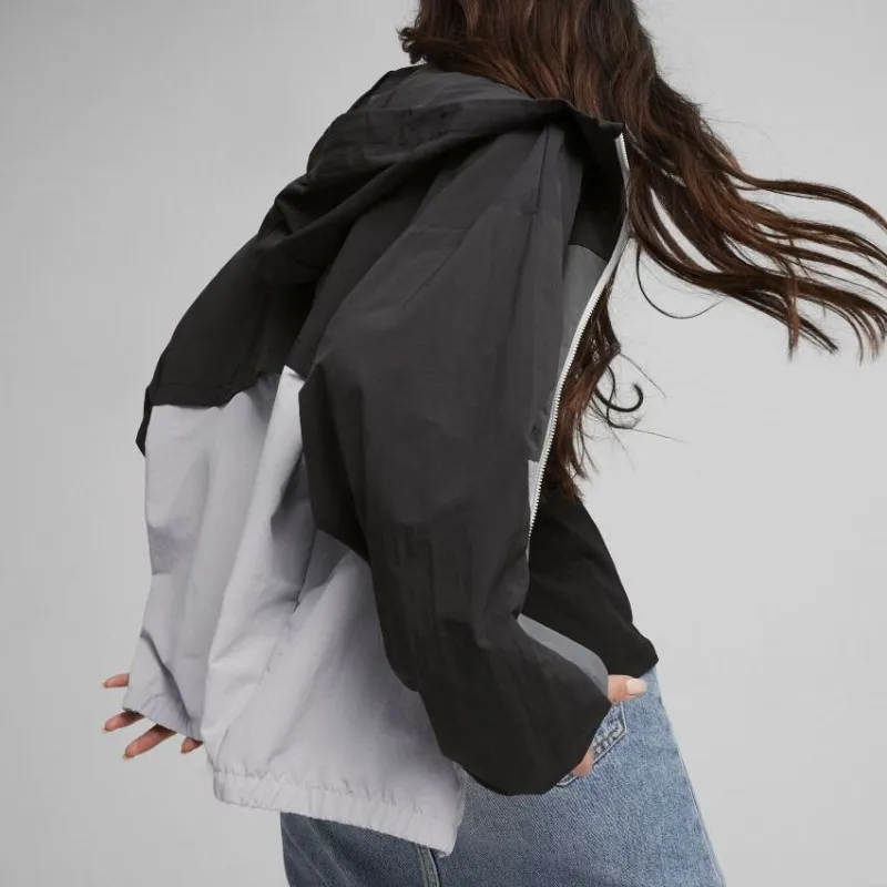 PUMA OVERSIZED HOODED WINDBREAKER Jackets Coats Women's Black Mineral Gray-3