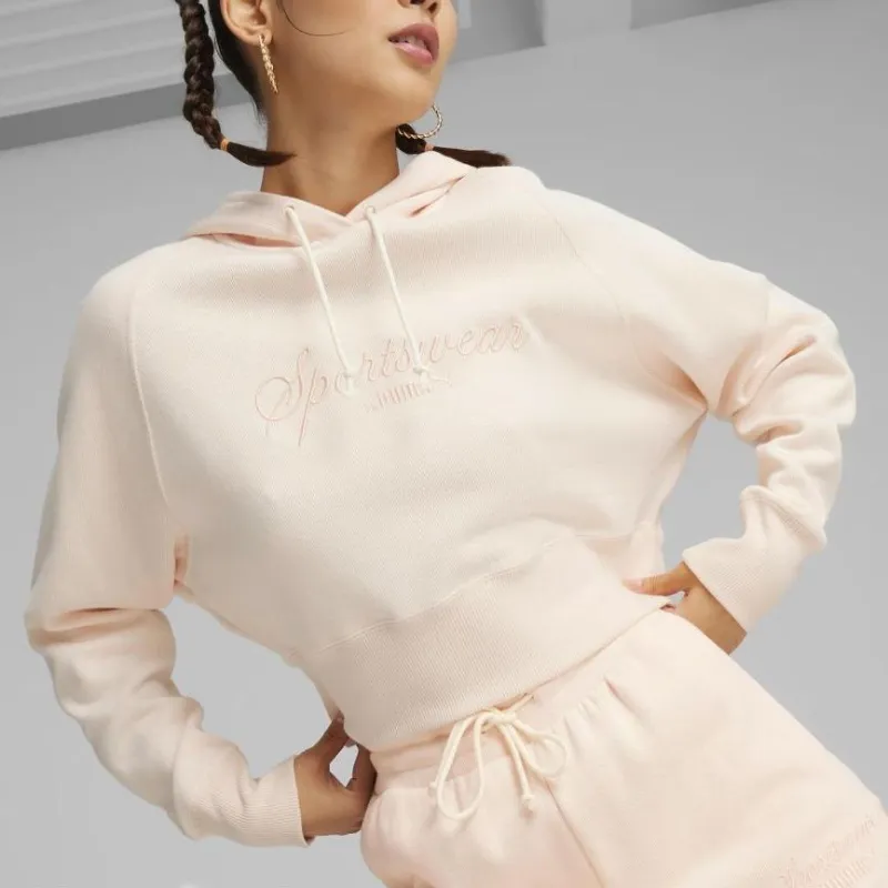 PUMA CLASSICS+ RELAXED CROPPED HOODIE Sweatshirt Women's Peach Blossom-2