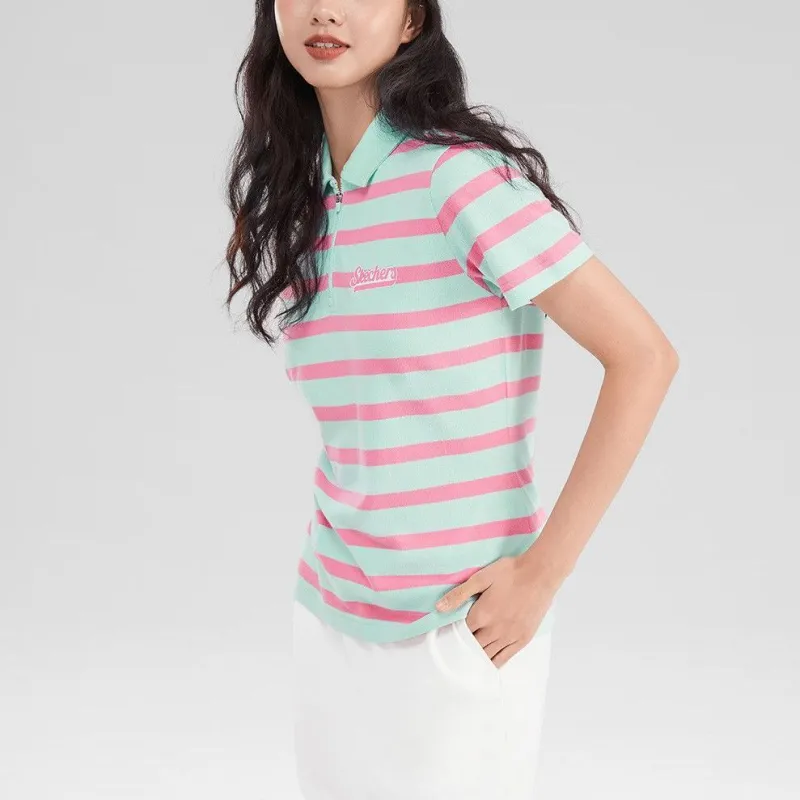 Skechers Polo Shirt Women's Siam Tulip Mint Green Stripes-2