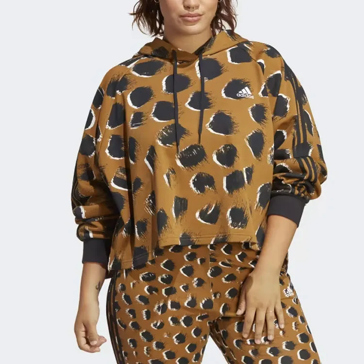 Adidas ESSENTIALS 3-STRIPES ANIMAL PRINT HOODIE Sweatshirt Women's Brown-1