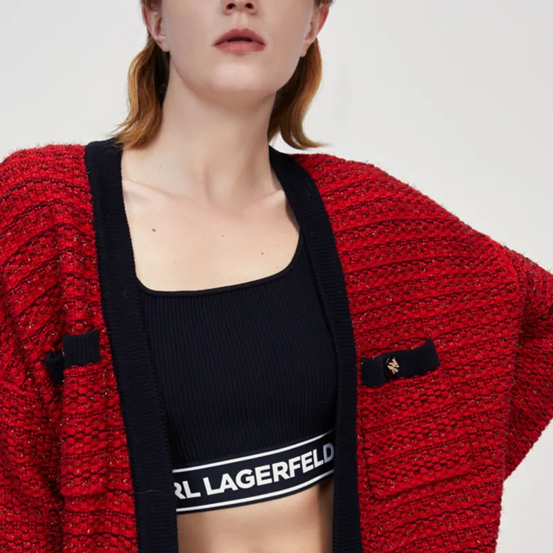 KARL LAGERFELD Long Sleeved Knitted Fabric Cardigan Women's Red-4
