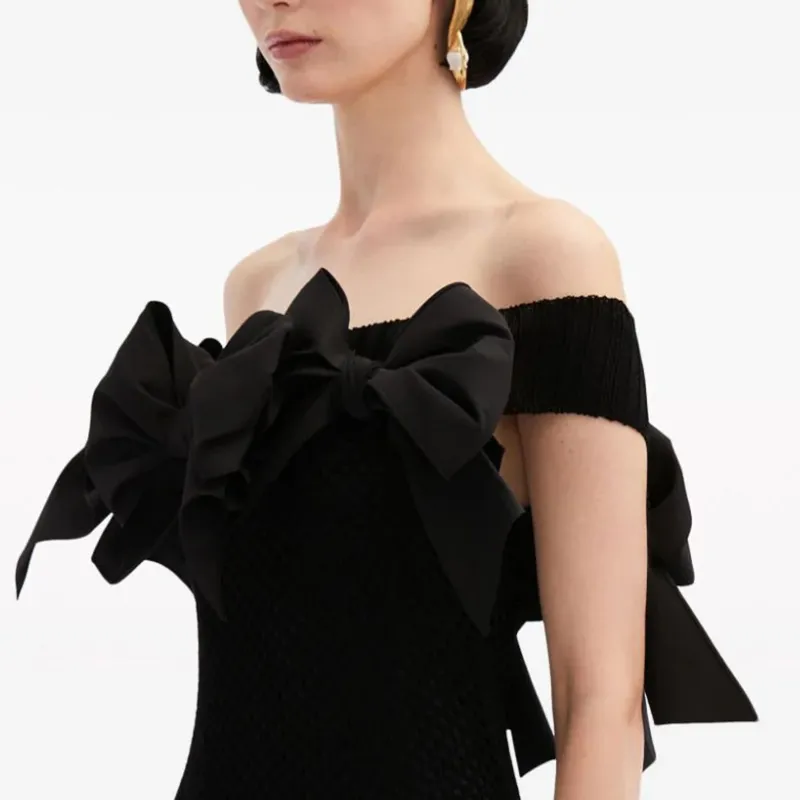 Oscar De La Renta Bow detail Open knit Midi Dress-4
