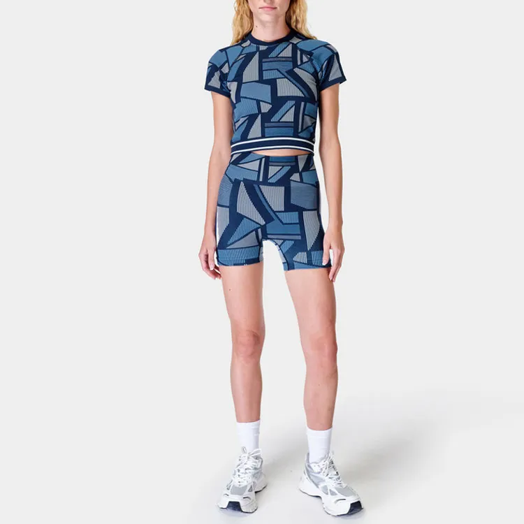 Sweaty Betty Nautical T-Shirt Women's Blue Stripes Plaid Embossed-2