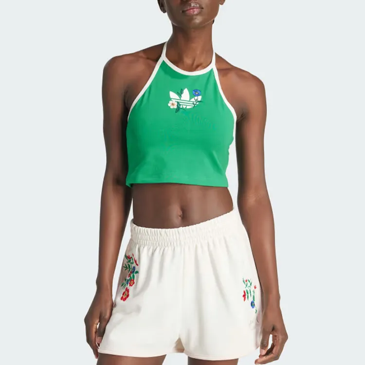 Adidas Originals Fashion Graphics Floral Halter Neck Top Crop Tops Women's Green-1