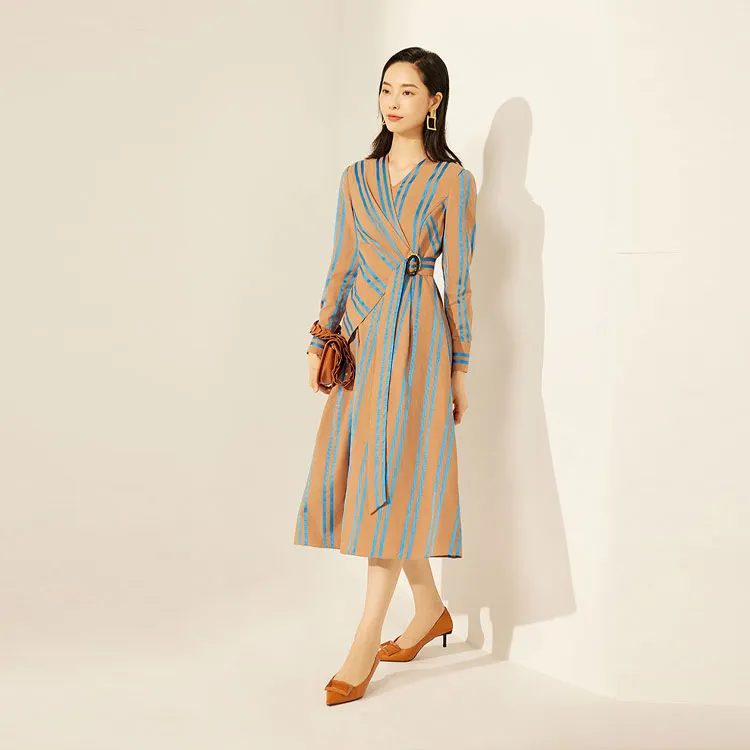 BBLLUUEE Long Sleeved Dress Women's Elegant Camel-3