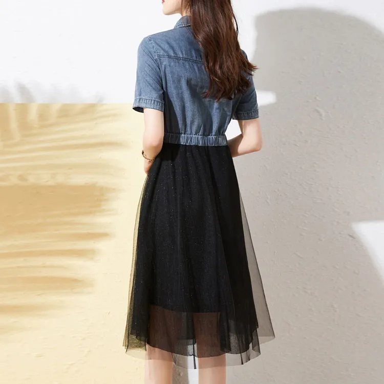 Mo Han Yi Mei Short Sleeved Dress Women's Blue Top And Black Bottom-2
