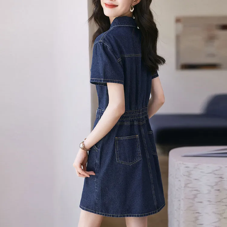 Mo Han Yi Mei Short Sleeved Dress Women's Dark Denim Blue-0