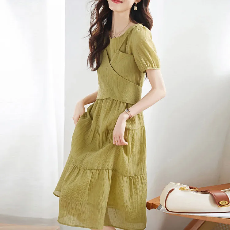 Mo Han Yi Mei Short Sleeved Dresses Women's Yellow Green-1