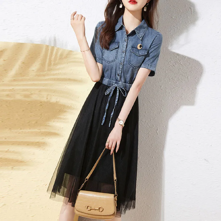 Mo Han Yi Mei Short Sleeved Dress Women's Blue Top And Black Bottom-1