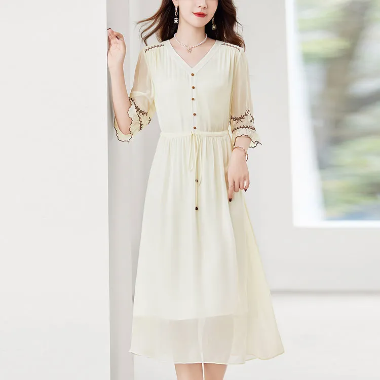 Ink Beauty Short Sleeved Dresses Women's Beige-1