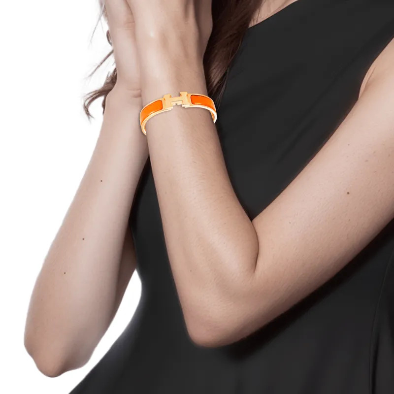 HERMES Enamel Bangles Unisex Orange Gold-3