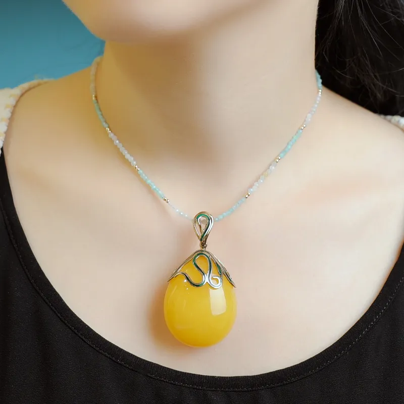S&A S925 Silver With Amber Beeswax Inlay Necklaces Women's-1