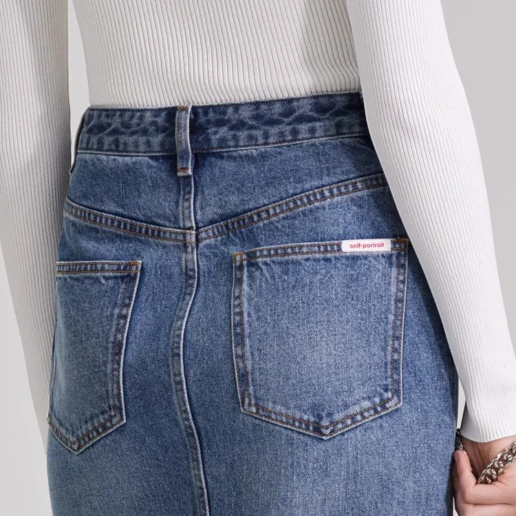Self portrait Denim Long Skirt Women's Denim Blue-3