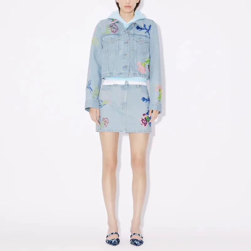 KENZO Floral Embroidered Buttoned Denim Mini Skirt-2