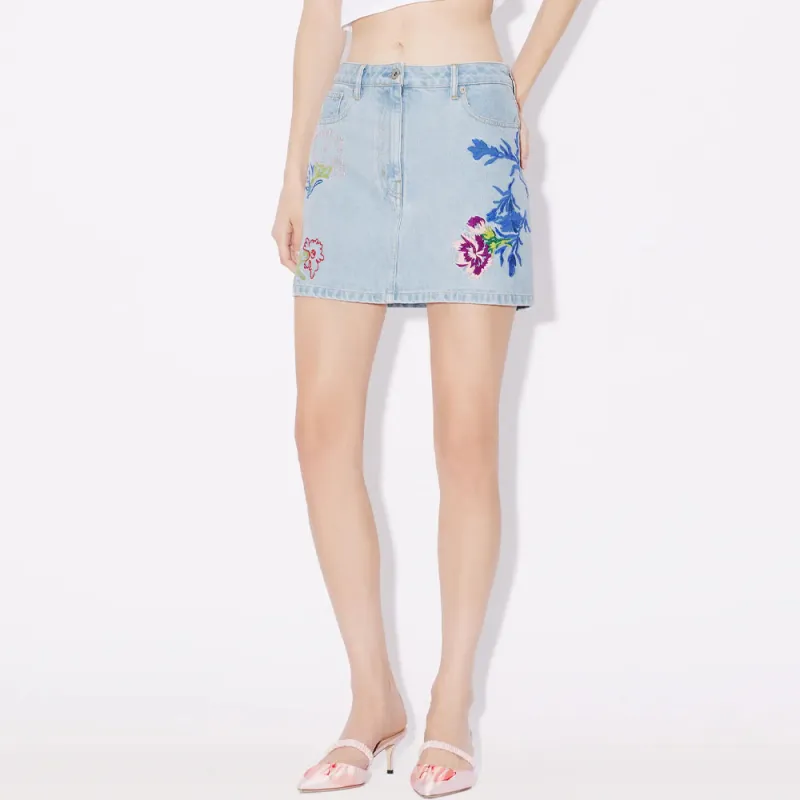 KENZO Floral Embroidered Buttoned Denim Mini Skirt-4