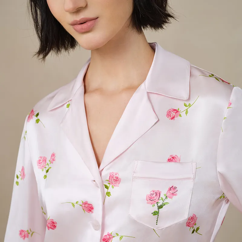 SILKY MIRACLE SS24 Pajama Set Women's Light Pink Rose Print Set-5