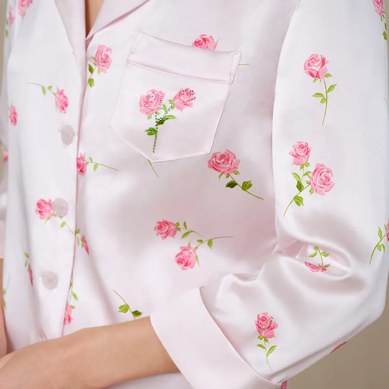 SILKY MIRACLE SS24 Pajama Set Women's Light Pink Rose Print Set-4