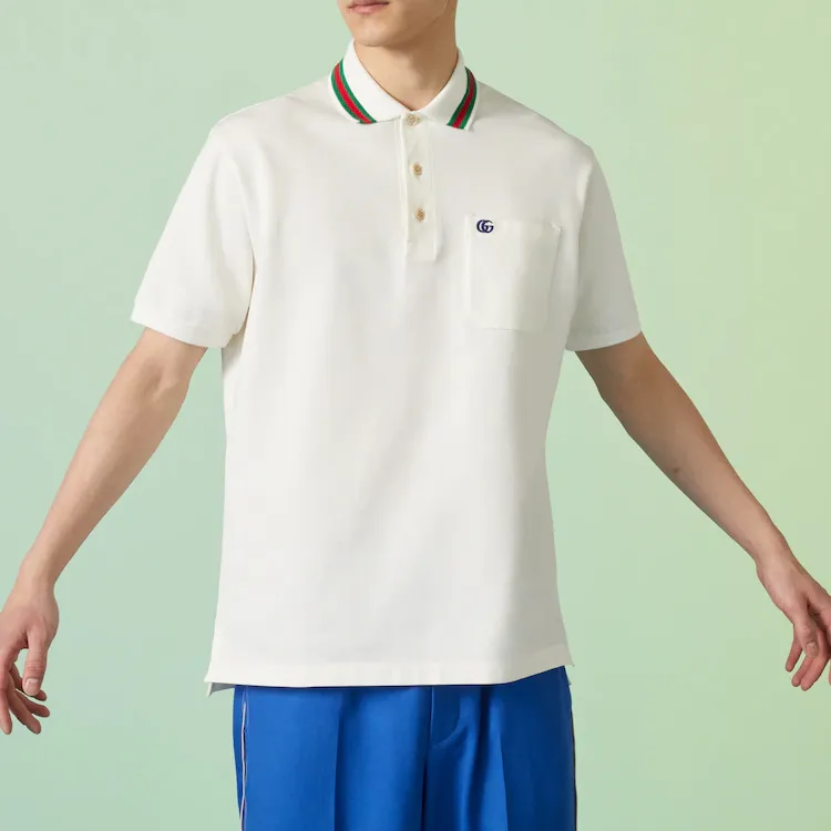 GUCCI Double G Cotton Piqué Polo Shirt Men's White-3