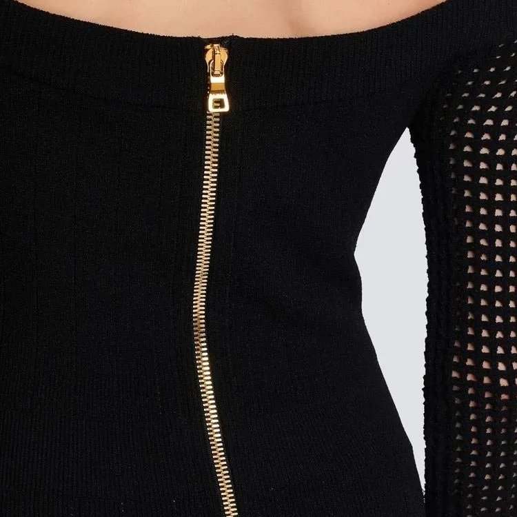 BALMAIN Off-The-Shoulder Mesh Knit Dress-4