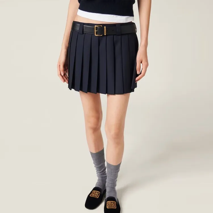 MIU MIU Logo Patch Pleated Mini Skirt-2
