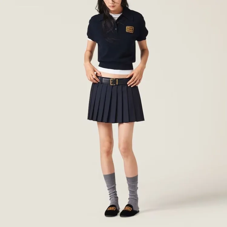 MIU MIU Logo Patch Pleated Mini Skirt-1
