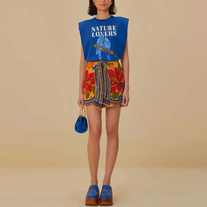 FARM RIO Logo Parrot Pattern All Over Print Crew Neck Sleeveless T-Shirt Women's Blue-1