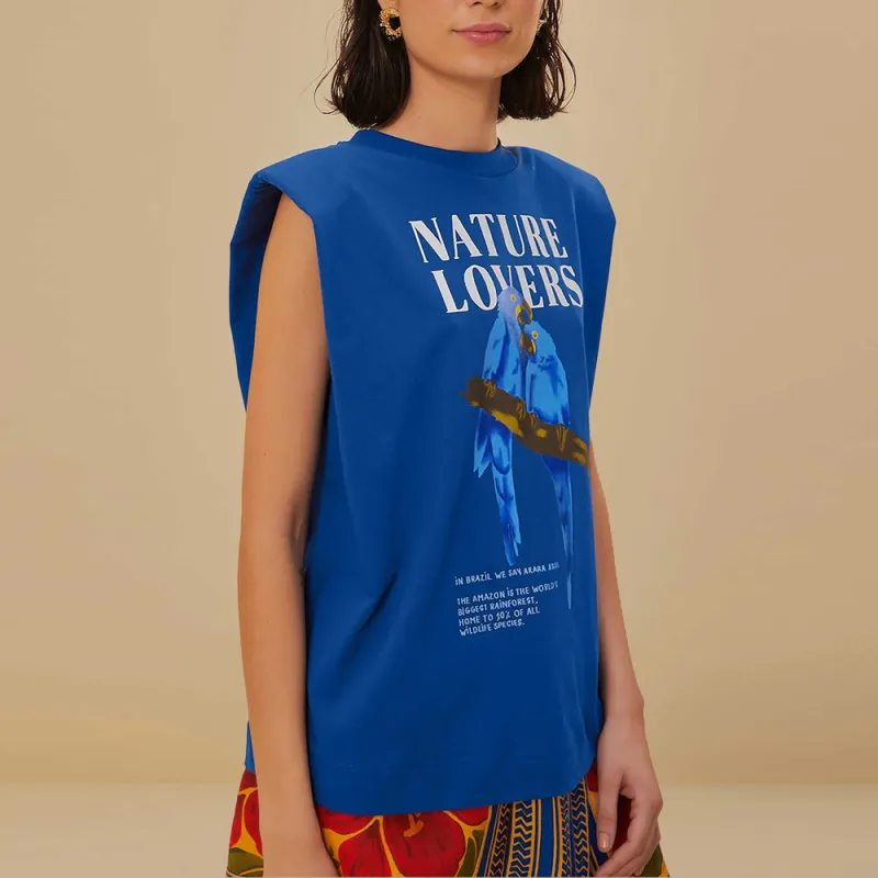 FARM RIO Logo Parrot Pattern All Over Print Crew Neck Sleeveless T-Shirt Women's Blue-2
