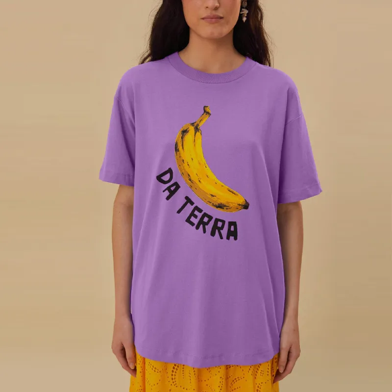 FARM RIO Letter Banana Patterned Print Crew Neck Short-Sleeved T-Shirt Women's Light Purple-3
