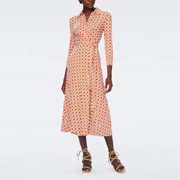 DVF Diane Von Furstenberg SS24 Long Sleeved Dress Women's Honey Orange Color-1