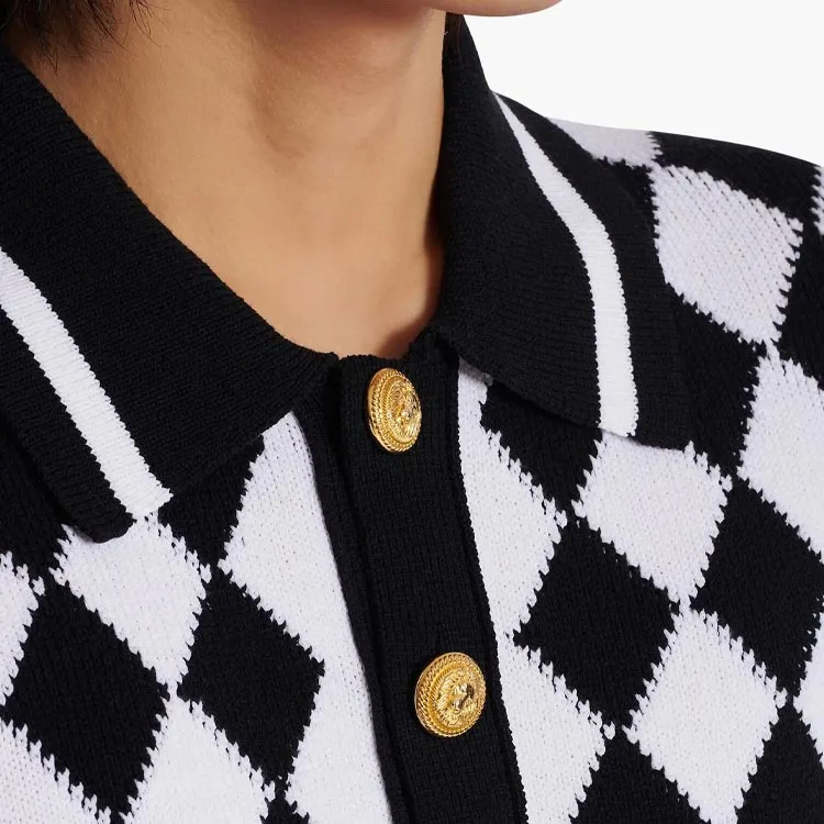 BALMAIN Diamond Pattern Knit Polo Shirt-6