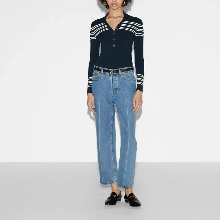 GUCCI Striped Ribbed knit Polo Top-2