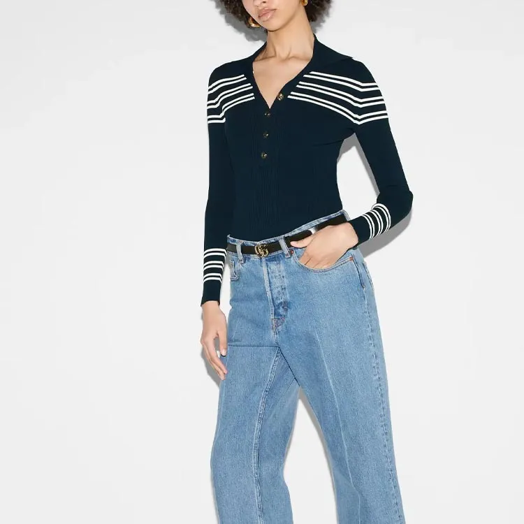 GUCCI Striped Ribbed knit Polo Top-4