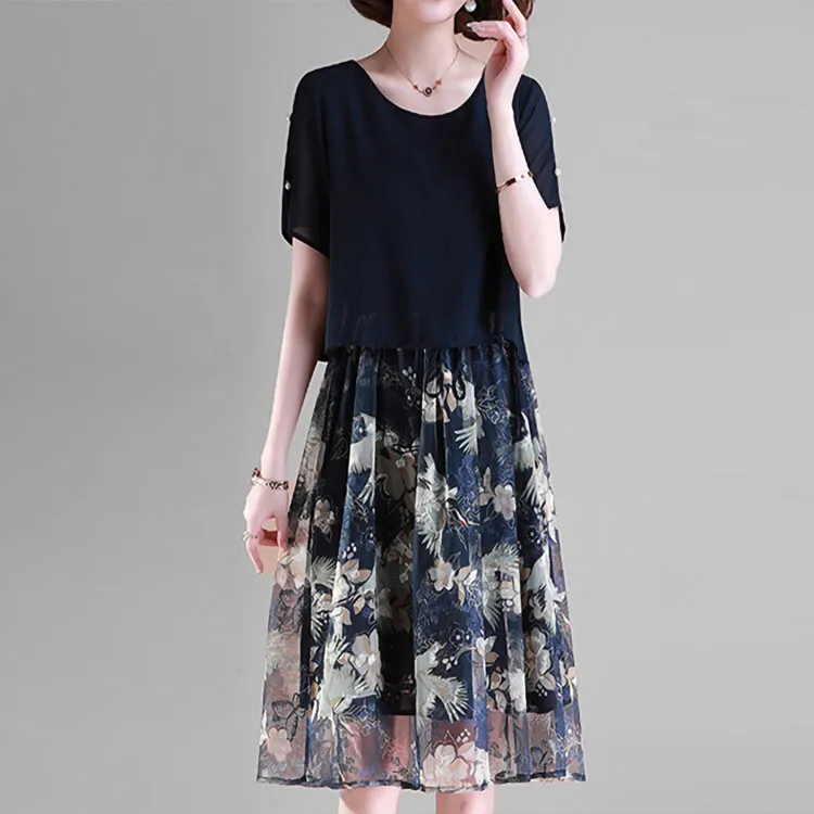 Mapping Short Sleeved Dresses Women's Navy Blue-1