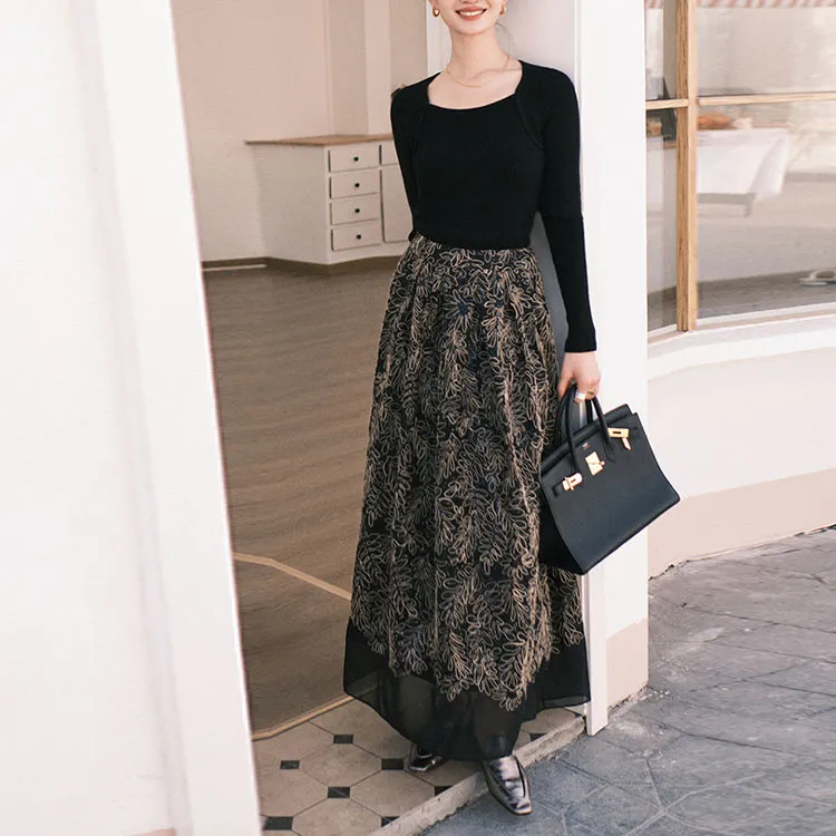 MEIYANG Casual Long Skirts Women's Floral Black-1