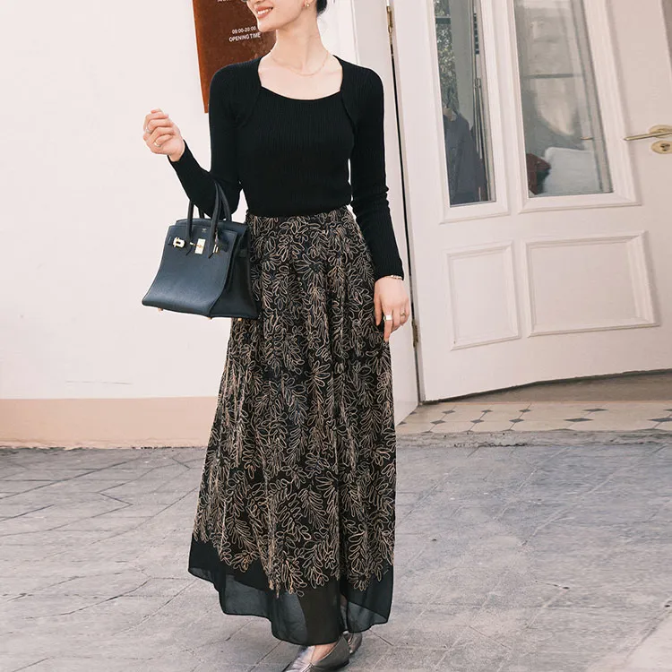 MEIYANG Casual Long Skirts Women's Floral Black-2