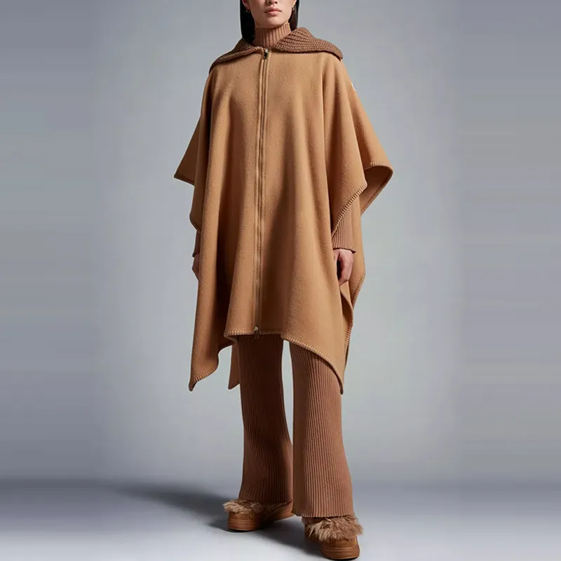 Moncler Ribbed collar Wool Cape Coat-1
