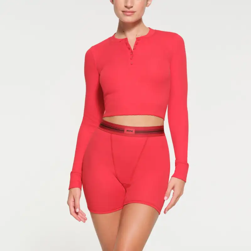 SKIMS FW23 COTTON RIB LONG SLEEVE CROP HENLEY Crop Tops Women's RED MULTI/Red-1